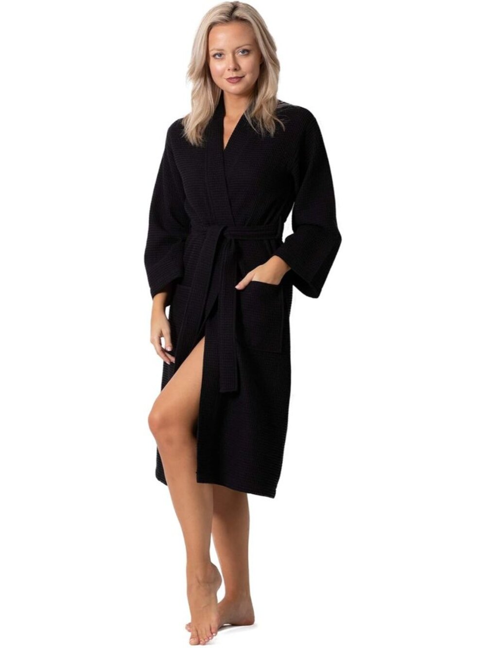 〽️Women's Bathrobe Black Waffle Knit Long Sleeves Kimono Spa Quick Dry Soft Robe